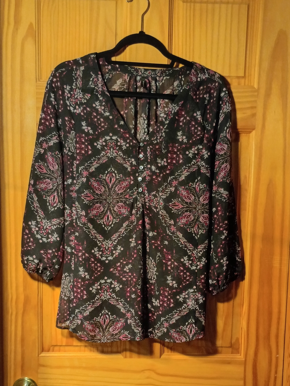 Maurices Black Blouse with Floral Medallion Print